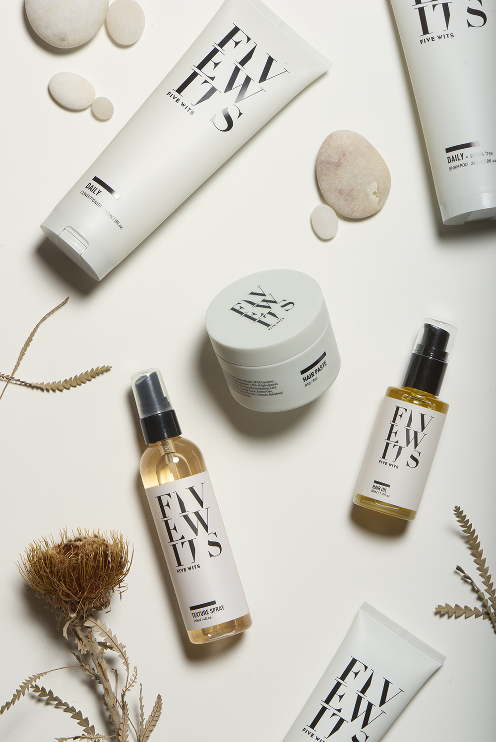 Five Wits haircare product range flat lay
