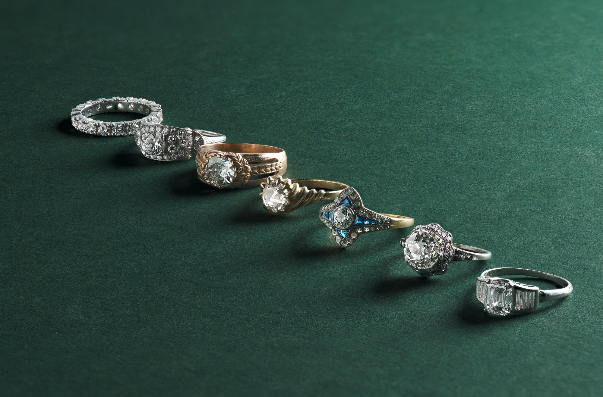 Vintage ring collection on green felt